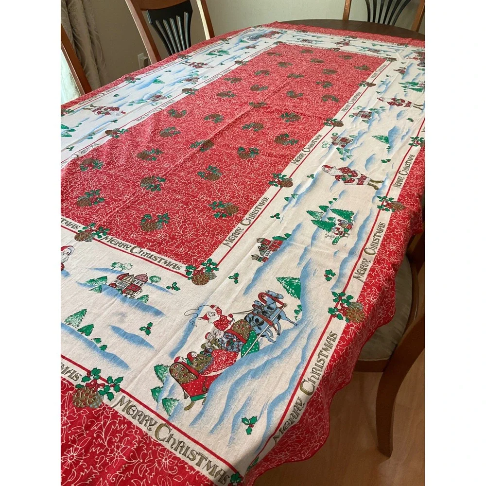 Vintage Christmas Seasonal Holiday Tablecloth Red Holly Rectangle Cottagecore